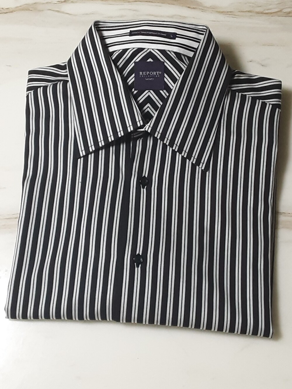 REPORT Collectio Luxury Black & White Vertical Stripe Button-Up Shirt Sz L